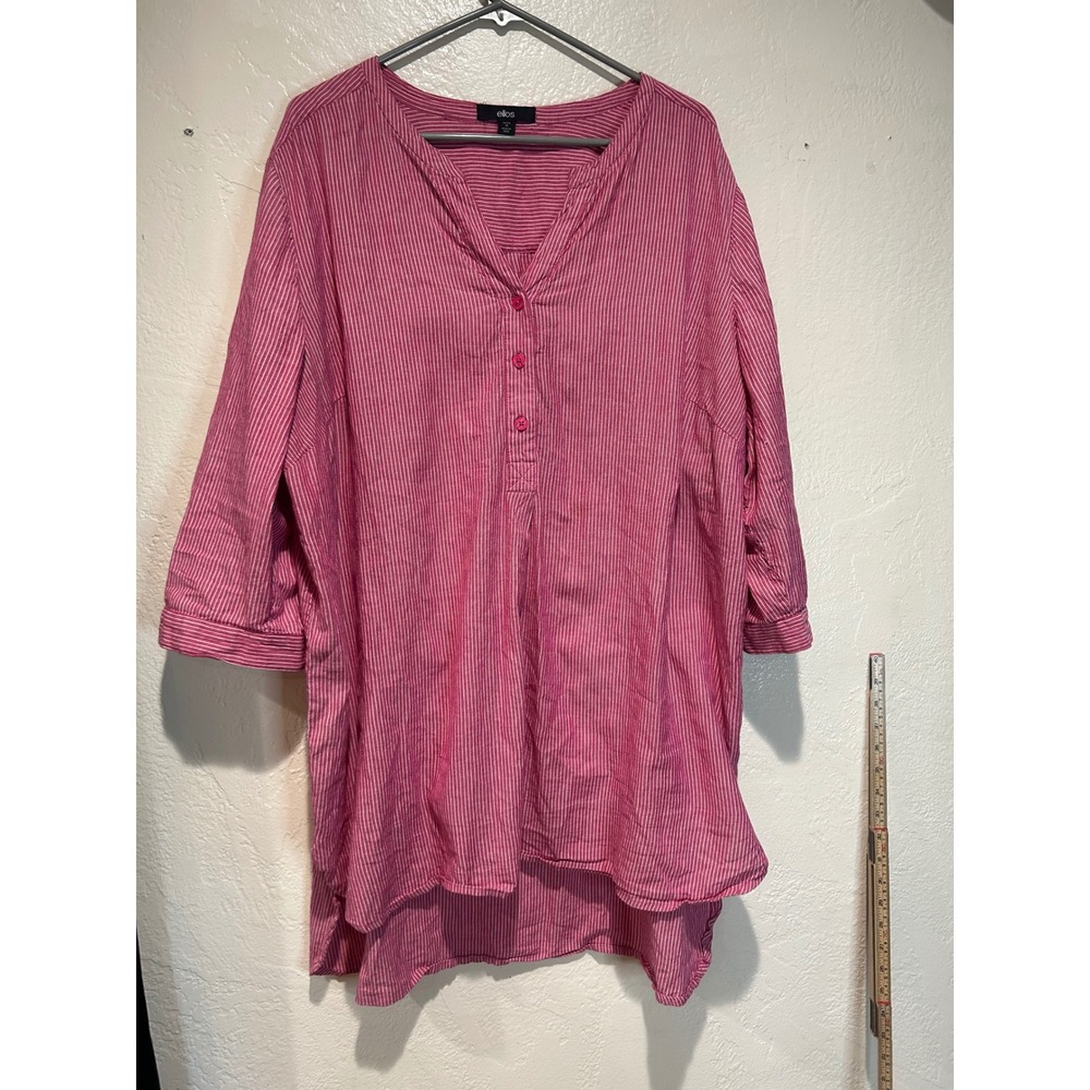 Ellos Pink White Striped Cotton Tunic Top 3/4 Roll Tab Sleeve High Low Hem 22/24